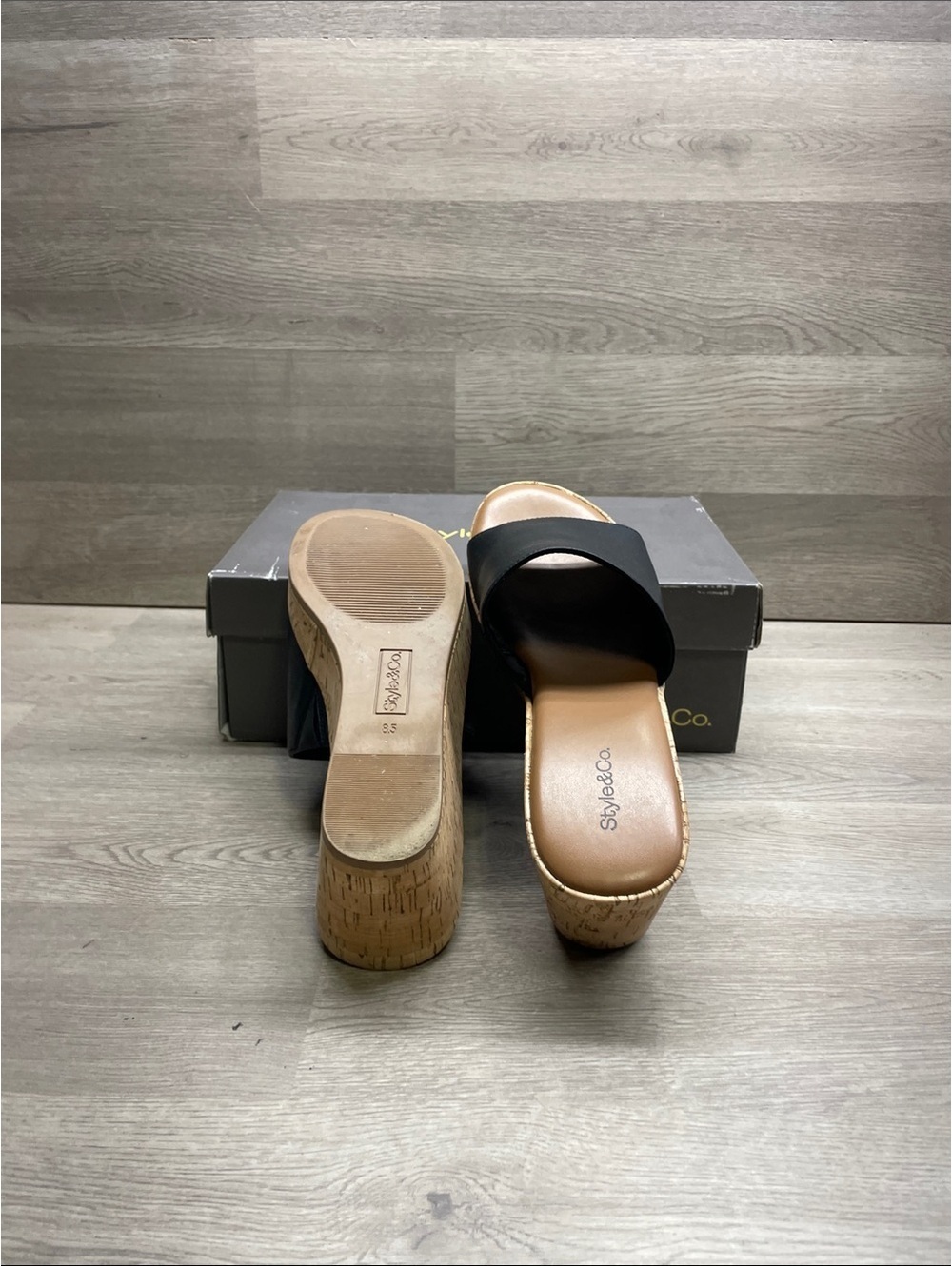 Style & Co. Black Cork Wedge Slide Sandals #482